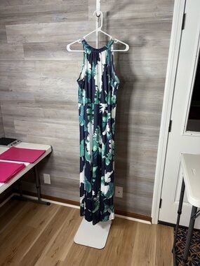 Navy Halter Floral Maxi Dress with Green & White Leaf Print 2056